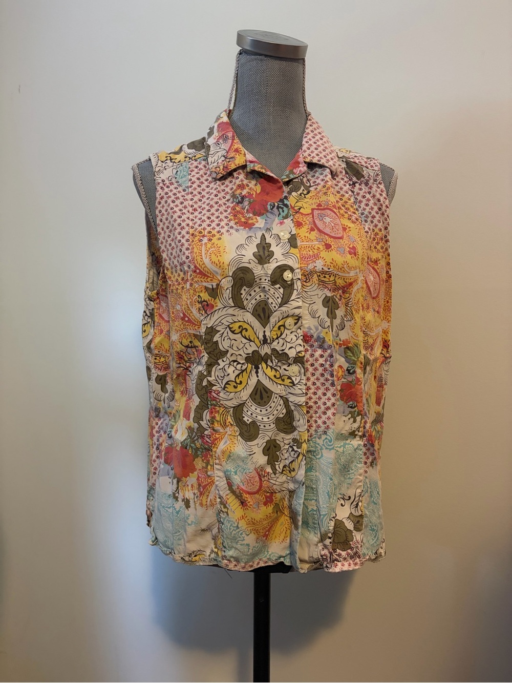 Vintage Sleeveless Boho Paisley Patchwork Top Button Down Tianello